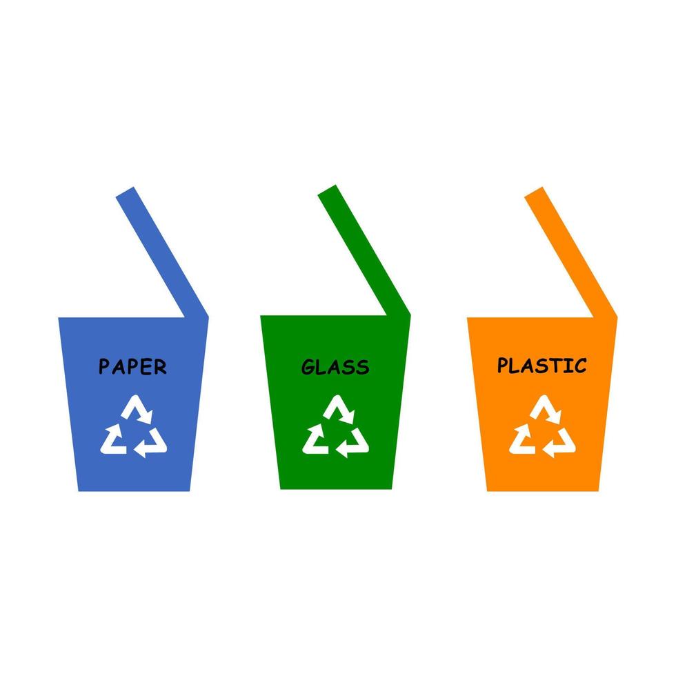 Garbage bins in different colors with paper, plastic, glass, recyclable. Waste segregation, waste sorting, waste management. Vector illustration with isolated background.
