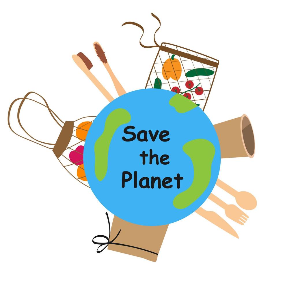 Zero Waste collection of durable and reusable products or products - eco bags of groceries, wooden cutlery, toothbrush, eco bags with vegetables and fruits. vector