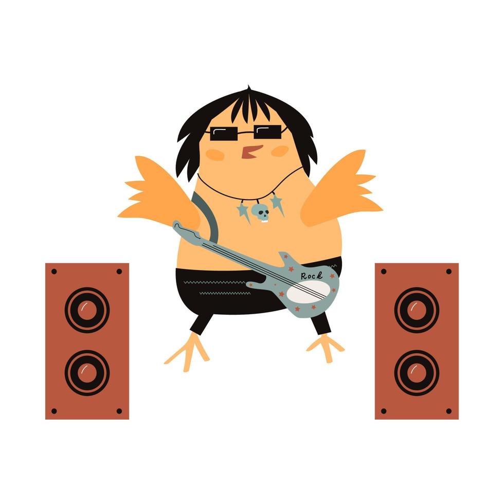 Cool bird in rock style. Cool parrot. Vector illustration with isolated background. Flat style parrot. Illustration for use on textiles, bed linen. Musical birds.
