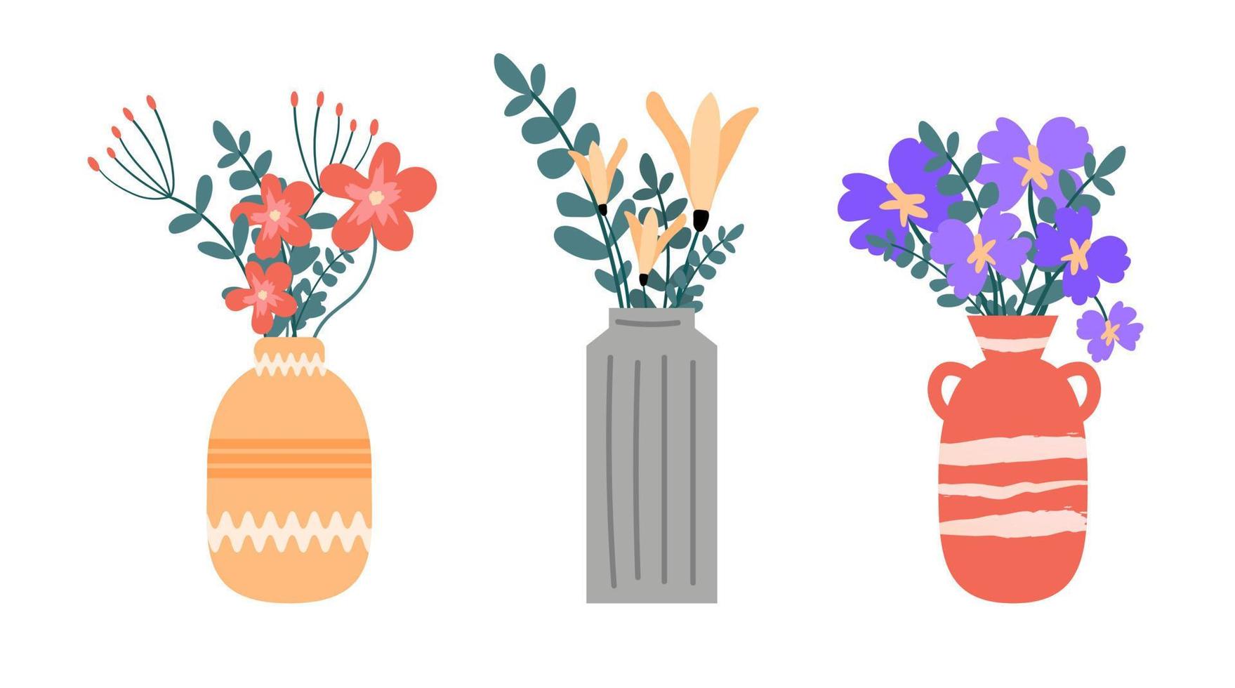 Flower vases. Beautiful blooming spring bouquets in flat style. Illustration of a flower vase for interior decoration. Set of brightly colored bouquets. vector