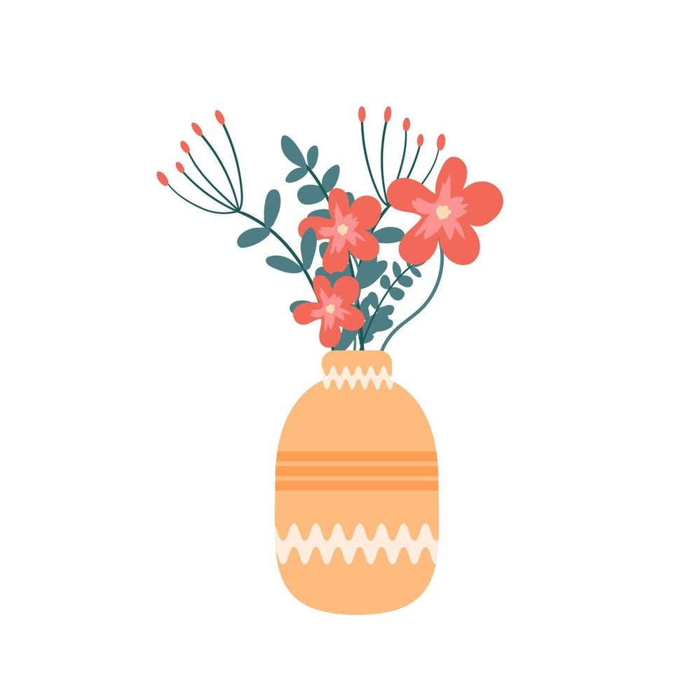 ramo de flores de hermosa rojo flores en un florero. vector ilustración de flores en un plano estilo. botánico tema. elegante arcilla florero con floreciente flores para interior decoración. blanco aislado antecedentes.