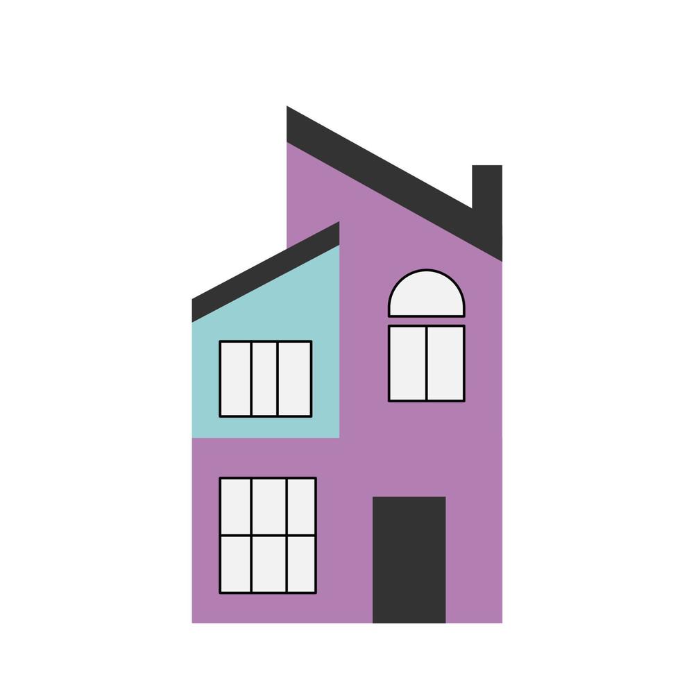 Vector illustration of a stylish home. House in the style of high-tech. Purple two-story flat style house. White isolated background.