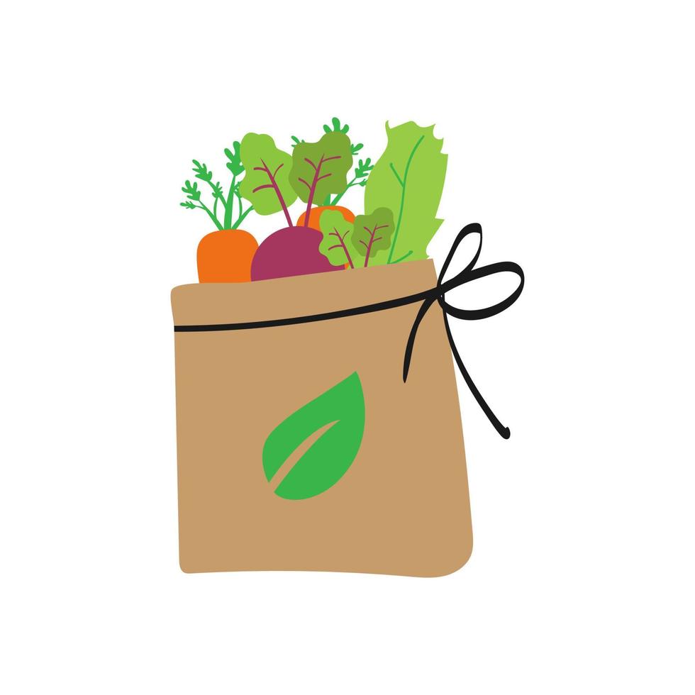 Bag for shopping with vegetables,beetroot, cabbage and potatoes. Eco bag with useful products. Shopper. Vector illustration with isolated objects. Cute hand drawn eco packaging, zero waste concept.