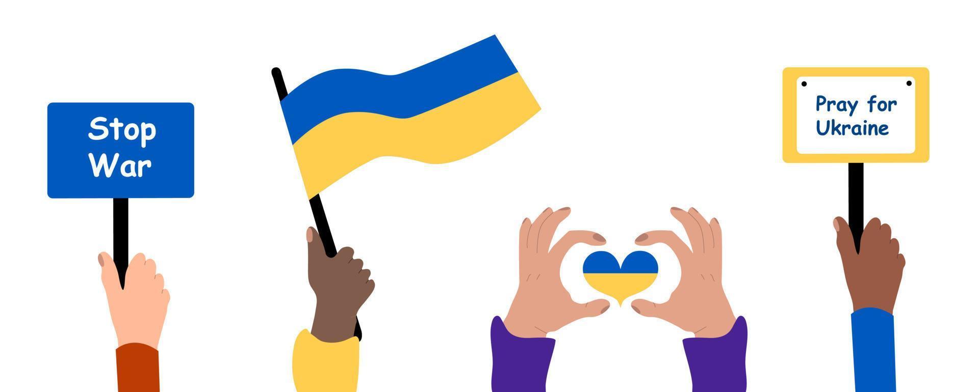 No war in Ukraine vector illustration with isolated background. The hands of people of different nationalities support Ukraine. Aggression and military attack. A call for peace in Ukraine