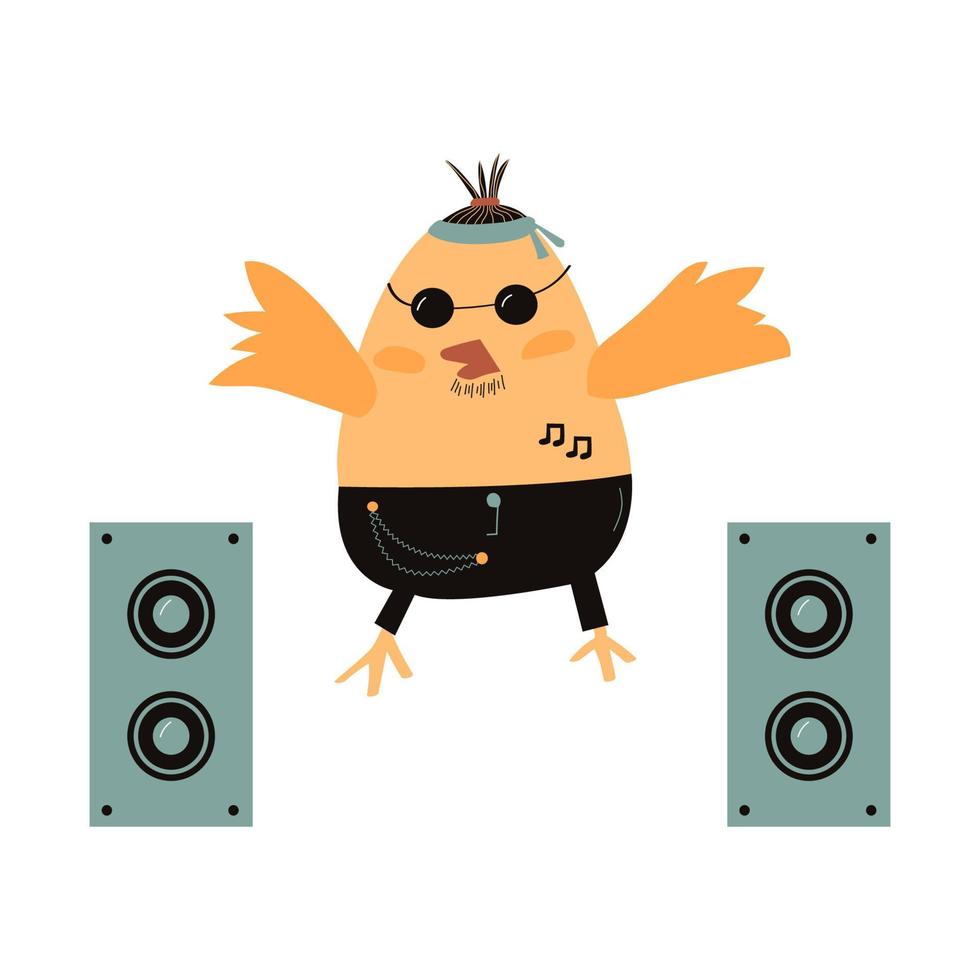 Cool bird in rock style. Cool parrot. Vector illustration with isolated background. Flat style parrot. Illustration for use on textiles, bed linen. Musical birds.