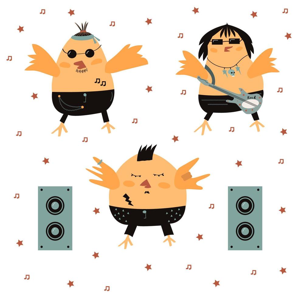 Cute rocker birds. Set of funny birds. Vector illustration with isolated background. Bird pattern for textile. Funny parrots. Birds musicians.