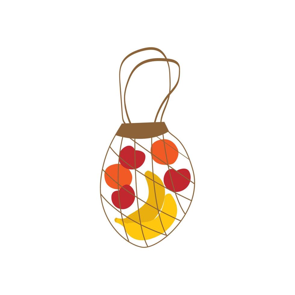 String bag with fruits. banana, orange and apple. Vector illustration with isolated objects. Cute hand drawn eco packaging and zero waste concept.