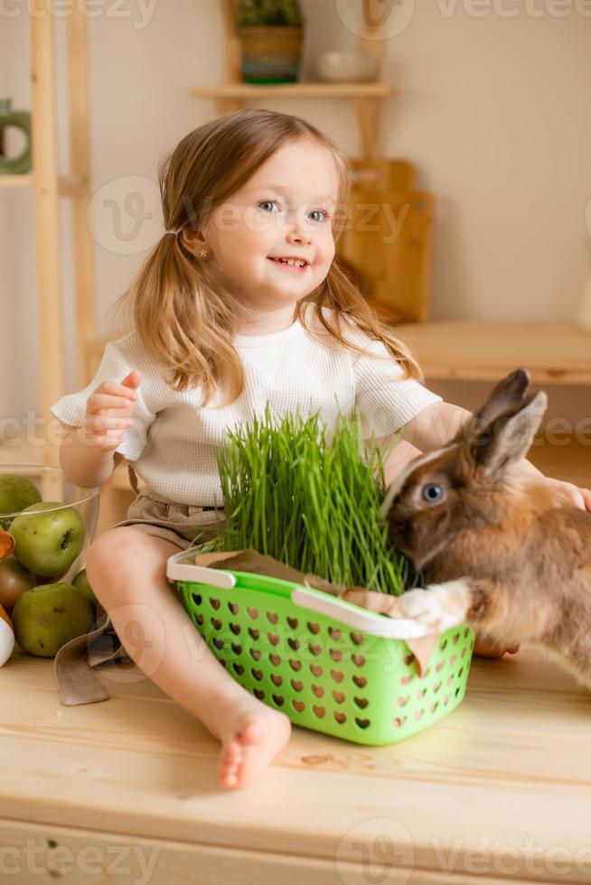 Cute little girl in the wooden kitchen of the house feeds the rabbit fresh grass photo