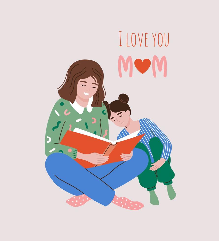 Happy Mother's day. A mother reads a book to her daughter. Cute lovely illustration vector