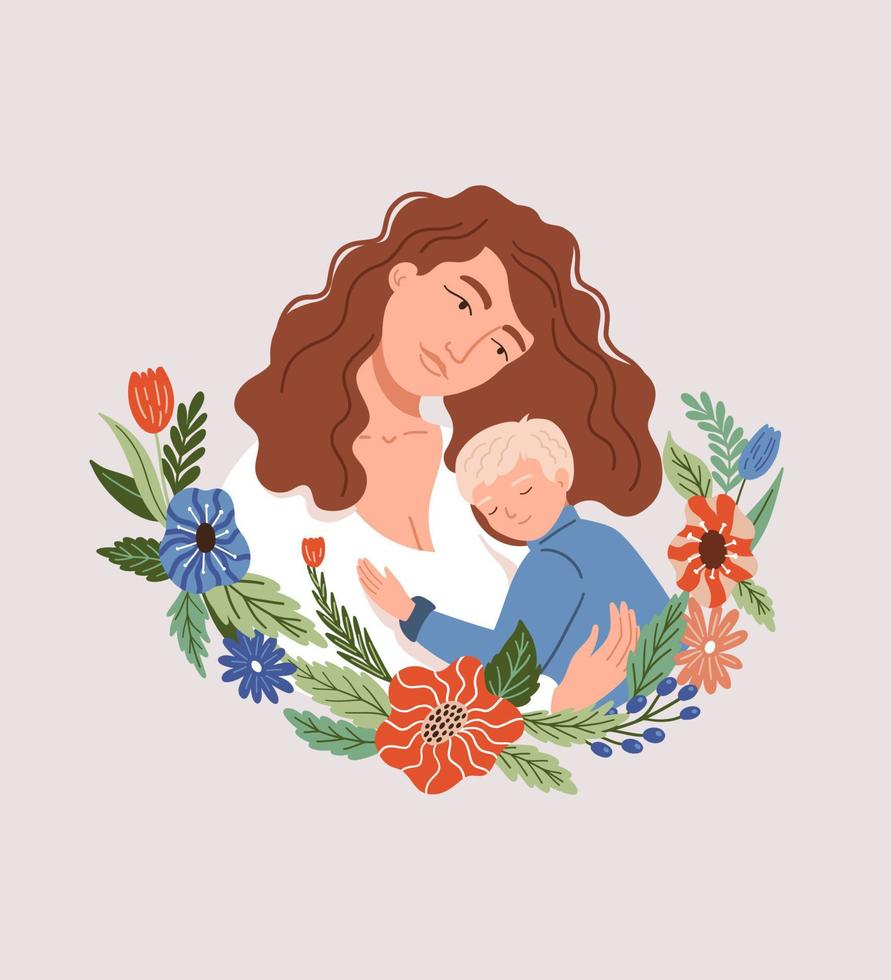 Happy Mother's day. Mother holding baby surrounded by flowers. Vector concept illustration