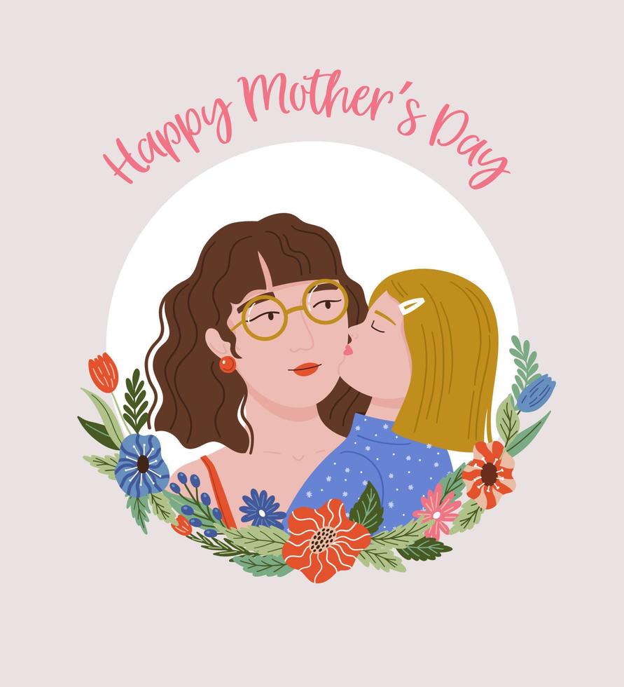 Happy Mother's day. A young girl kisses her mother on the cheek. Vector concept illustration with floral round frame