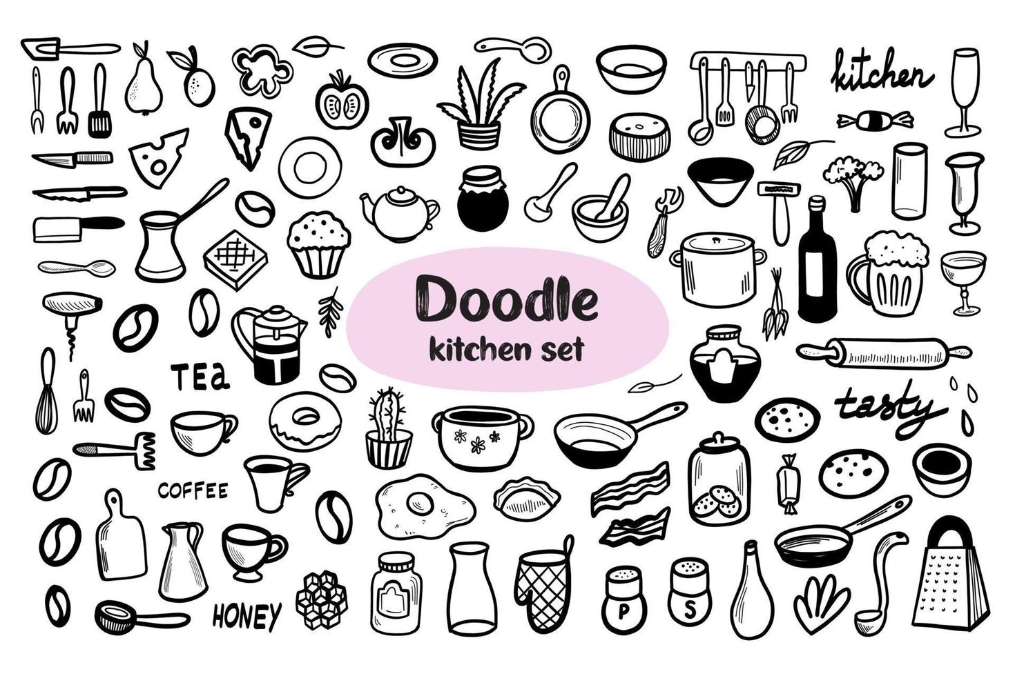 Vector doodle kitchen stuff. Hand drawn food, crockery, utensils, house items.