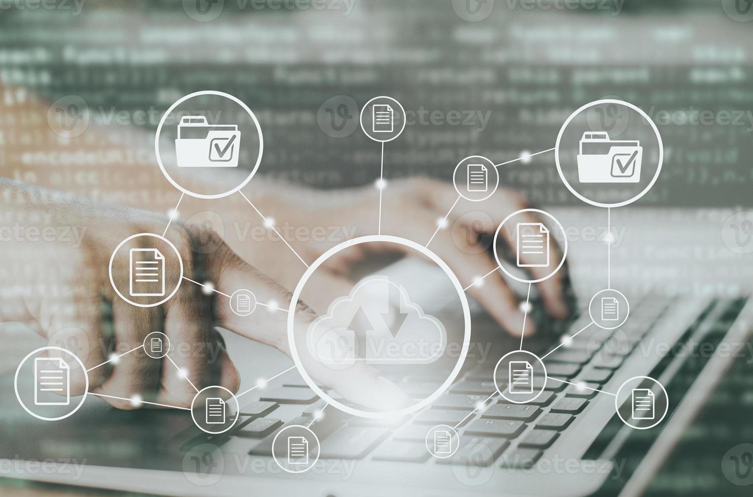 Hand using laptop with touch connect to data information on the Cloud Computing Technology Internet Storage Network Concept, big data internet technology, Cloud sharing download and upload. photo