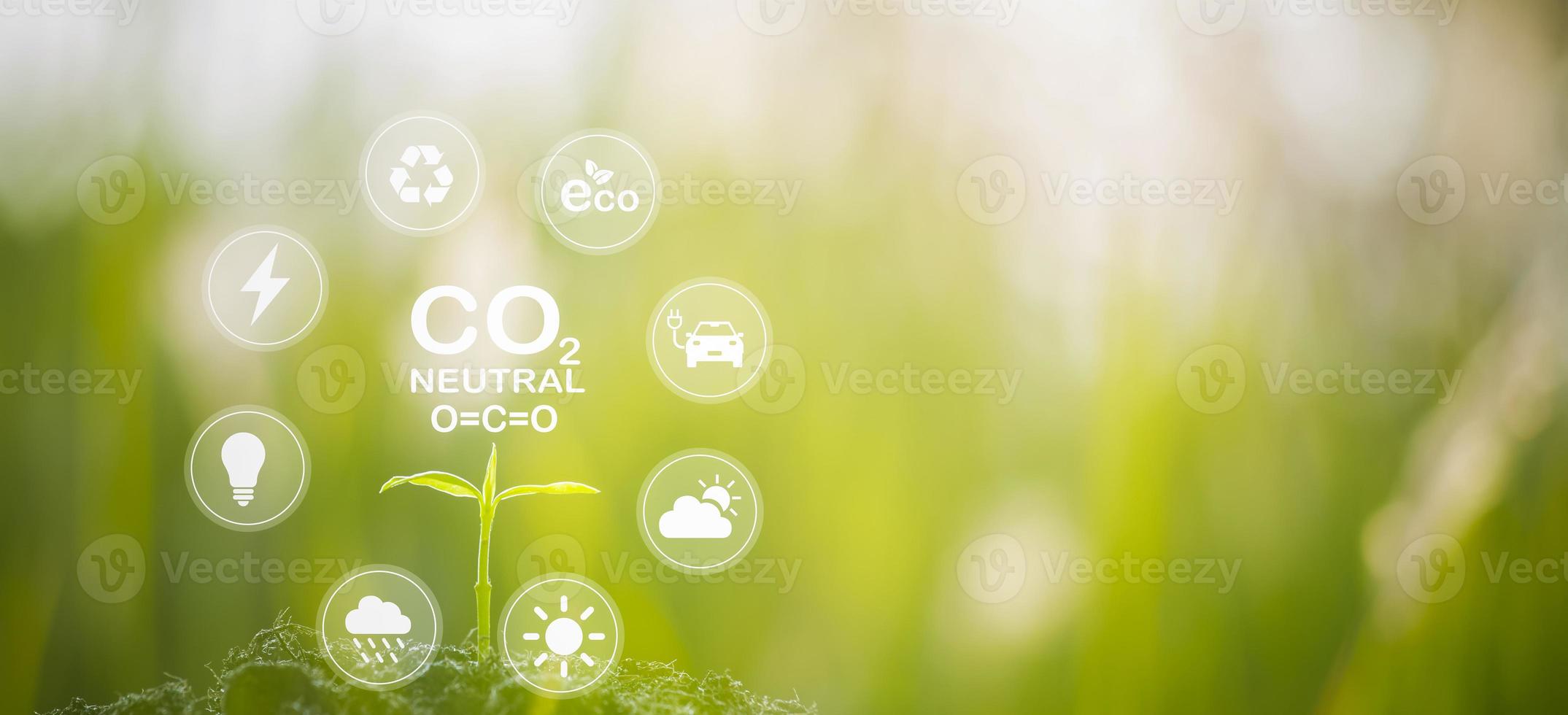 concepto co2 emisión con ecología y verde hoja en suelo en el naturaleza fondo, reducir co2 carbón en negocio laboral, natural ambiente usos renovable energía, medio ambiente proteccion, tierra día foto