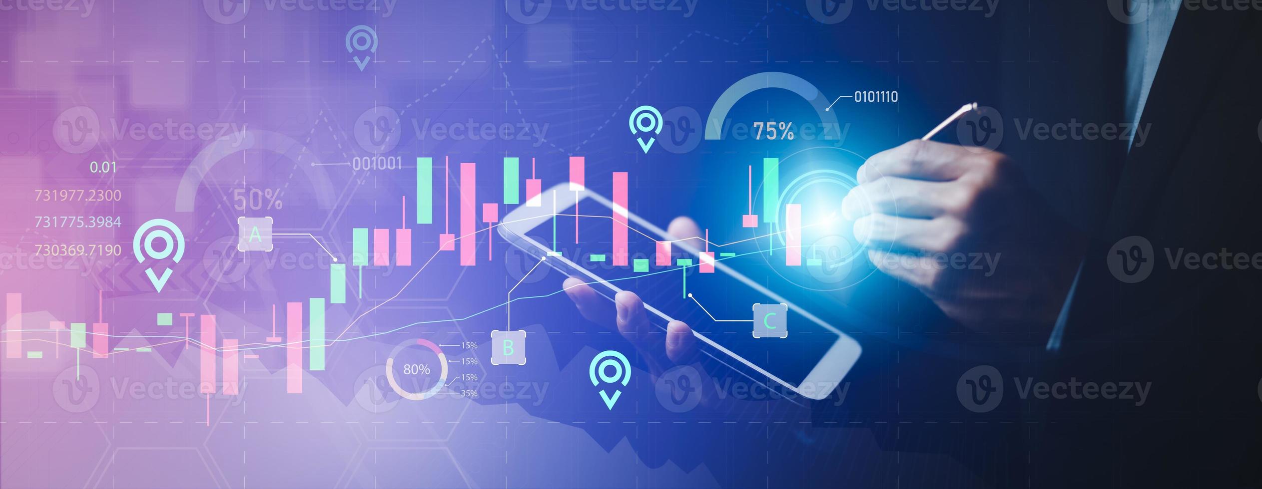 Hand touchscreen line of Stock market or forex trading graph and candlestick chart suitable for financial investment concept,Economy trends background for business idea and all art work design. photo