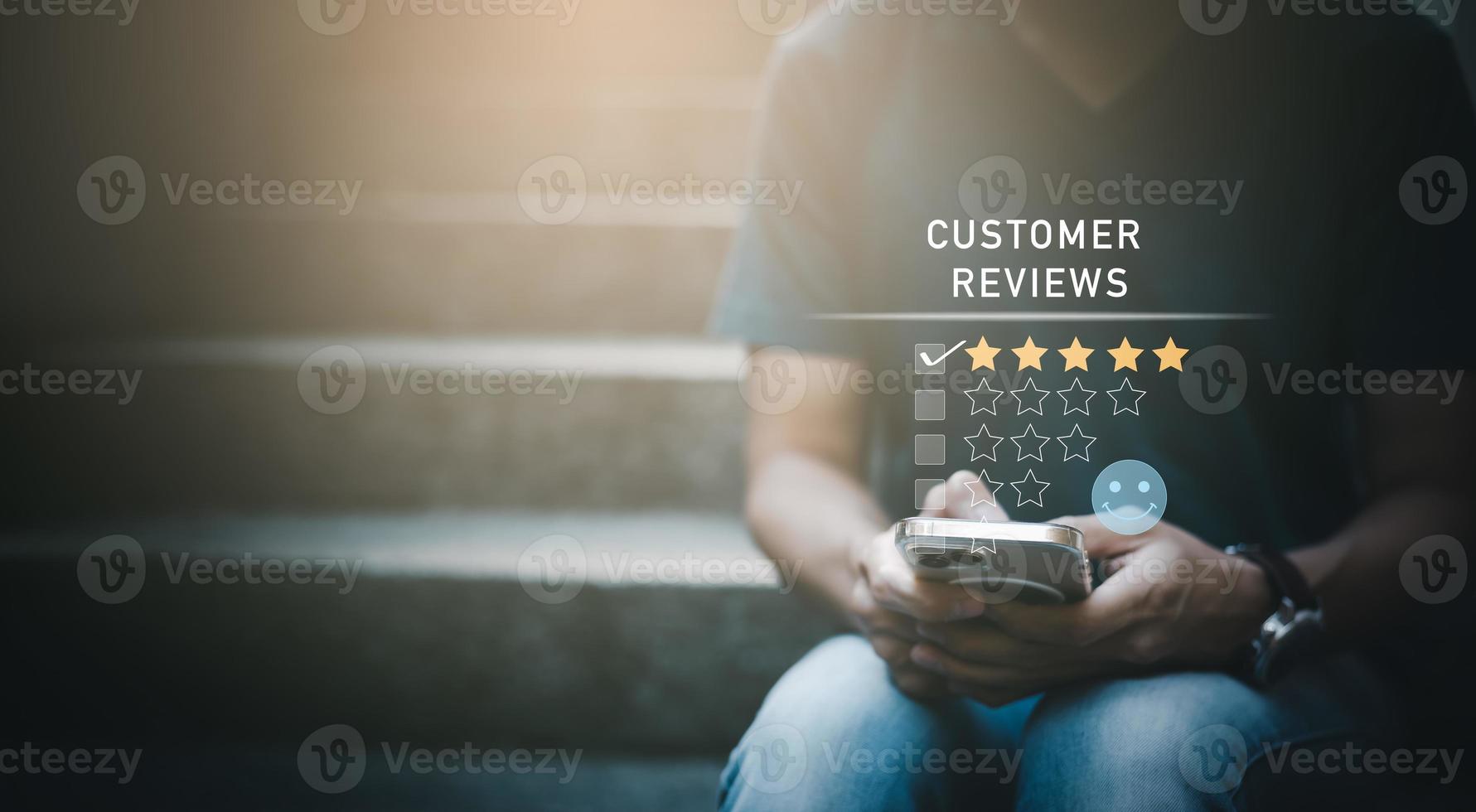 Man touch smartphone with Customer review satisfaction feedback survey concept, User give rating to service experience on online application, service leading to reputation ranking of business. photo