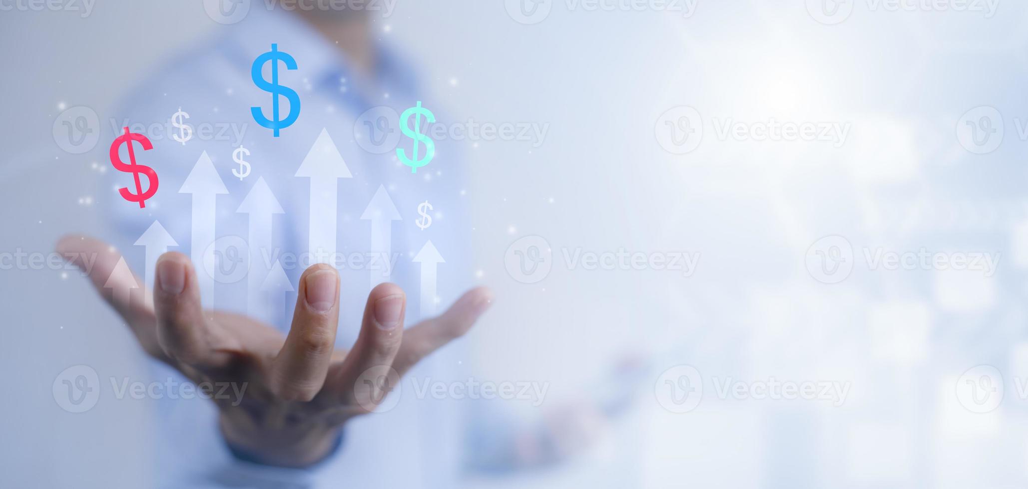 Businessman hand Increase Graph in business hand of analytics and financial, Changes in new planning, Business growth, ideas and perspectives, Stock investment,  business and stock market. photo