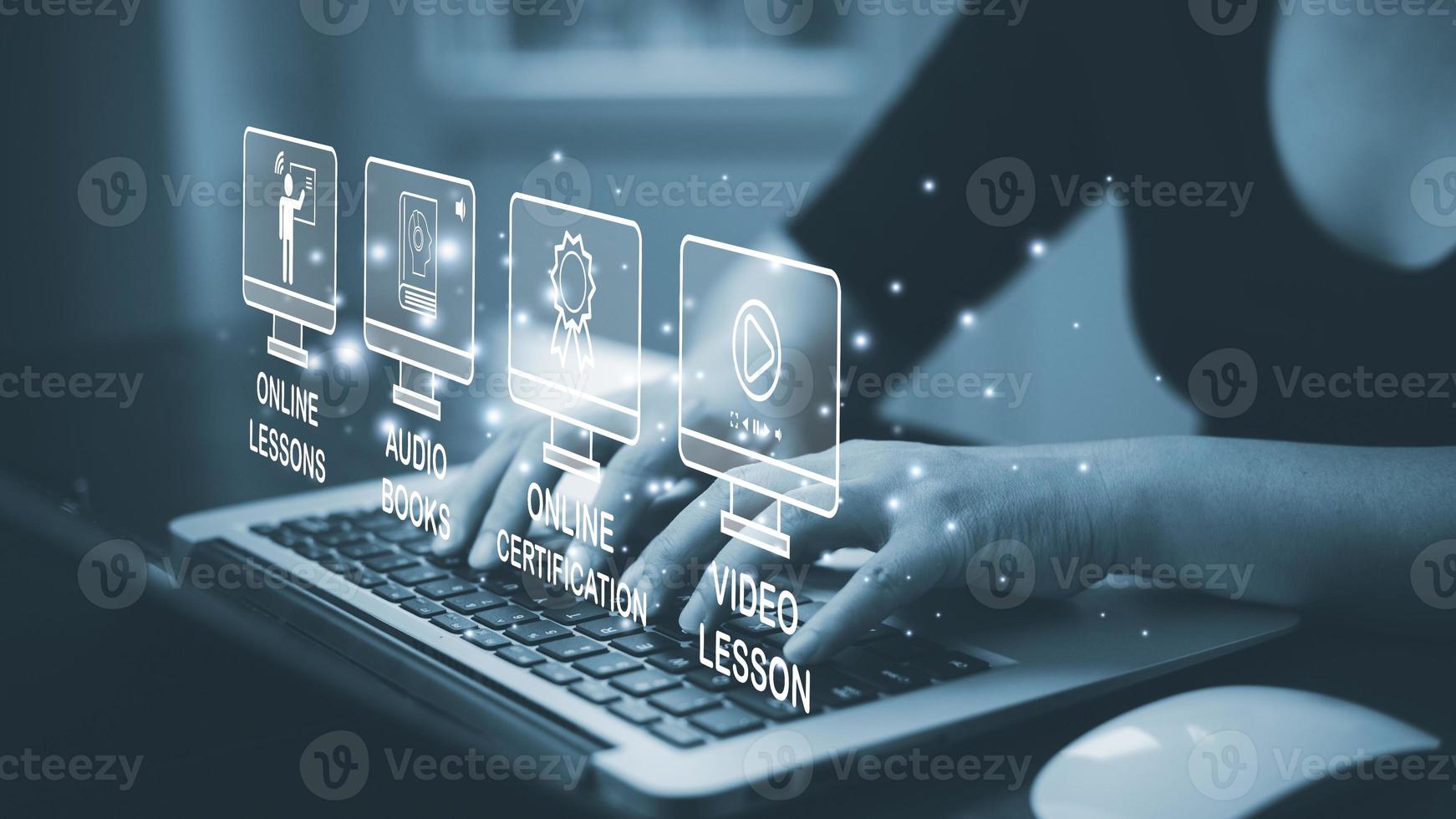 Concept E-learning education,Man using laptop with Online Education icon on virtual screen. video internet lessons and online webinar, online lessons on a digital screen.Education internet Technology. photo
