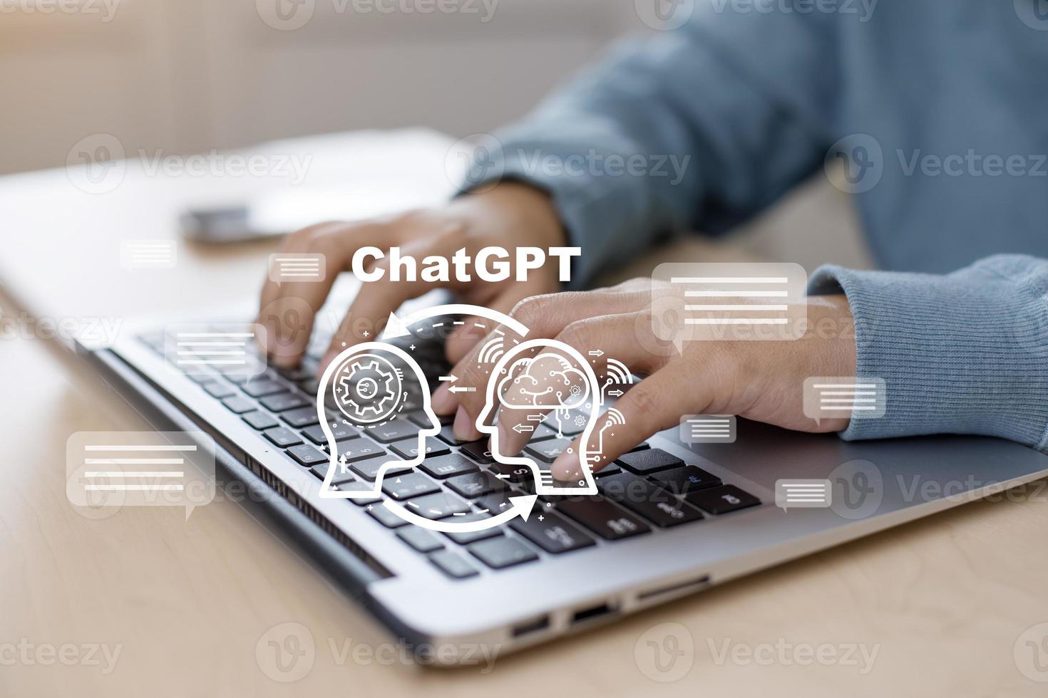 Man using Laptop and touch bar Chat bot Chat with AI, Artificial Intelligence, System Artificial intelligence an artificial intelligence chatbot, Digital chatbot, Robot application, conversation photo
