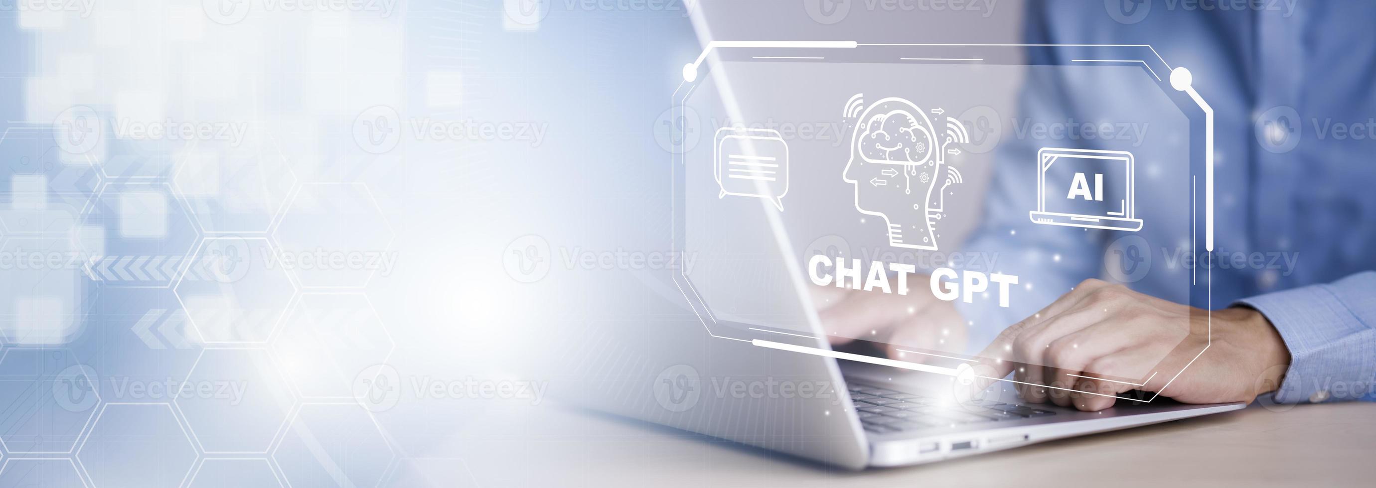 Man using Laptop and touch bar Chat bot Chat with AI, Artificial Intelligence, System Artificial intelligence an artificial intelligence chatbot, Digital chatbot, Robot application, conversation photo