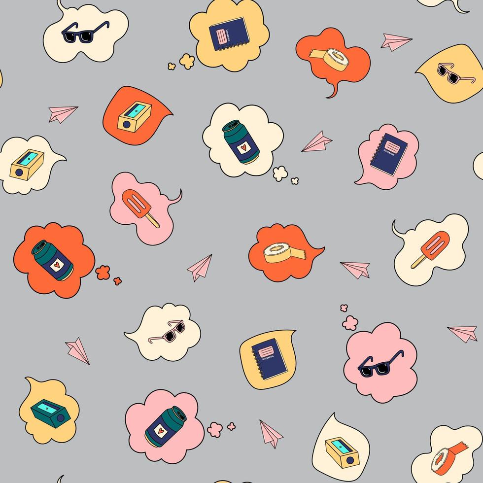 Seamless Pattern with Funny teenage stuff. Gaming, school supplies, goodies and snacks. vector