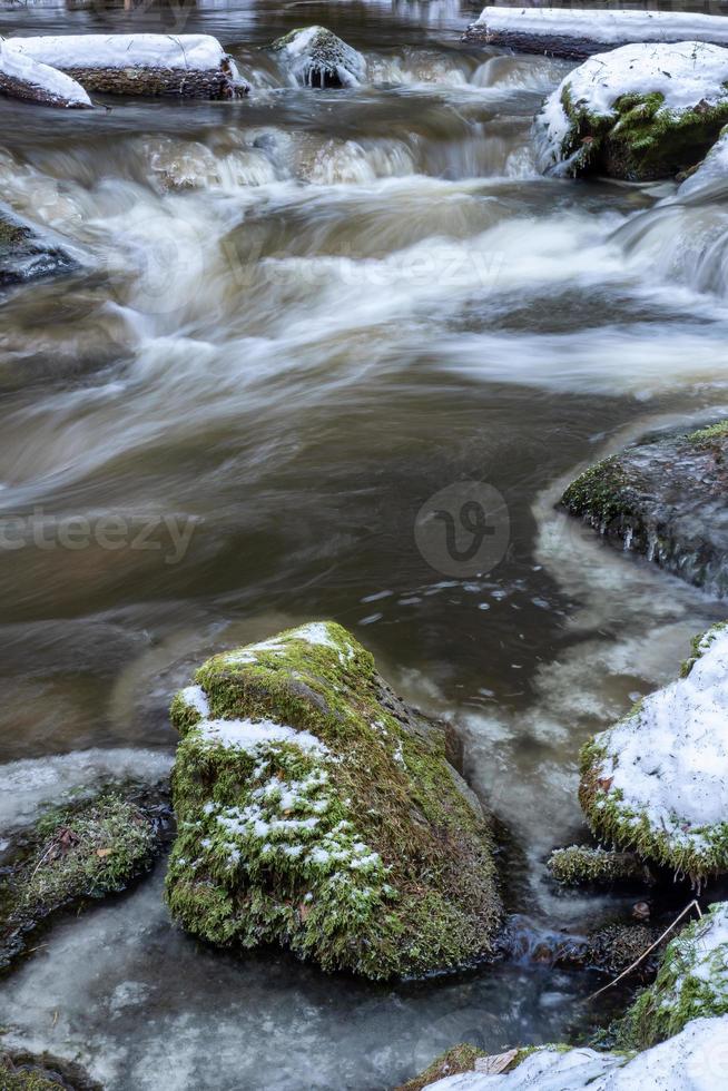 pequeño cascada con hielo. río en frío Nevado invierno foto