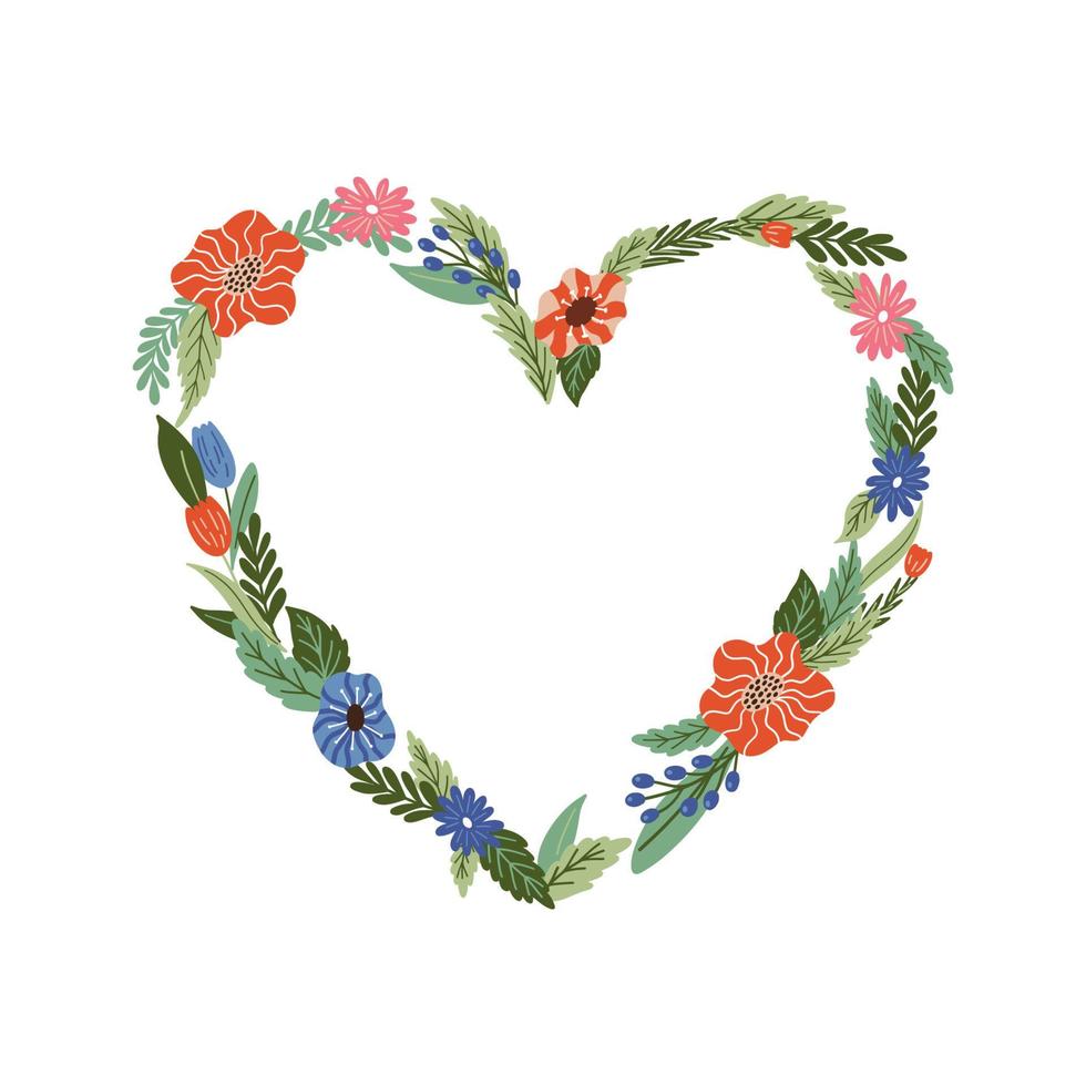 Vector heart shape floral frame and border. Elegant decorative elements with flowers, plants