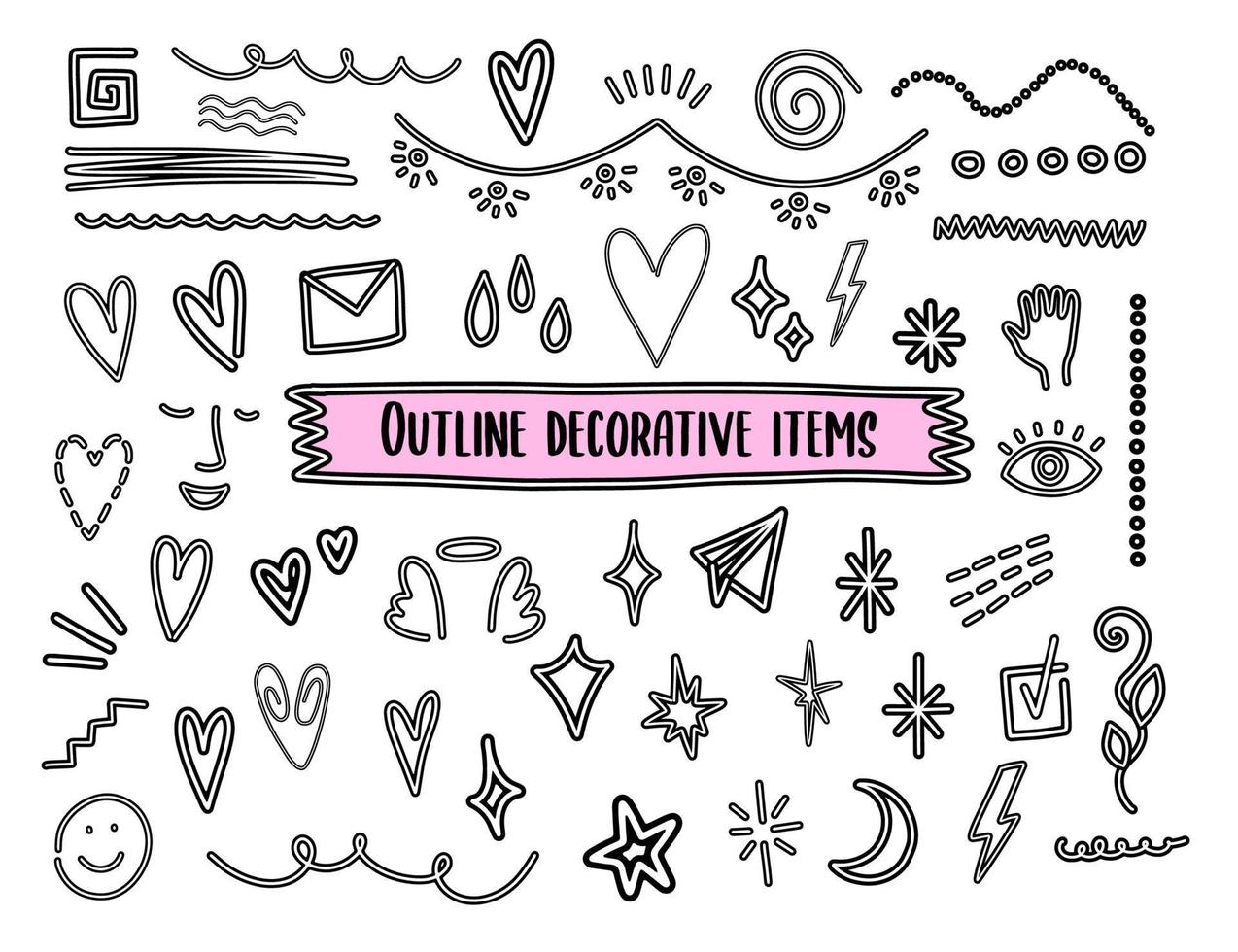 Vector Outline decorative elements. Collection of doodle items for design