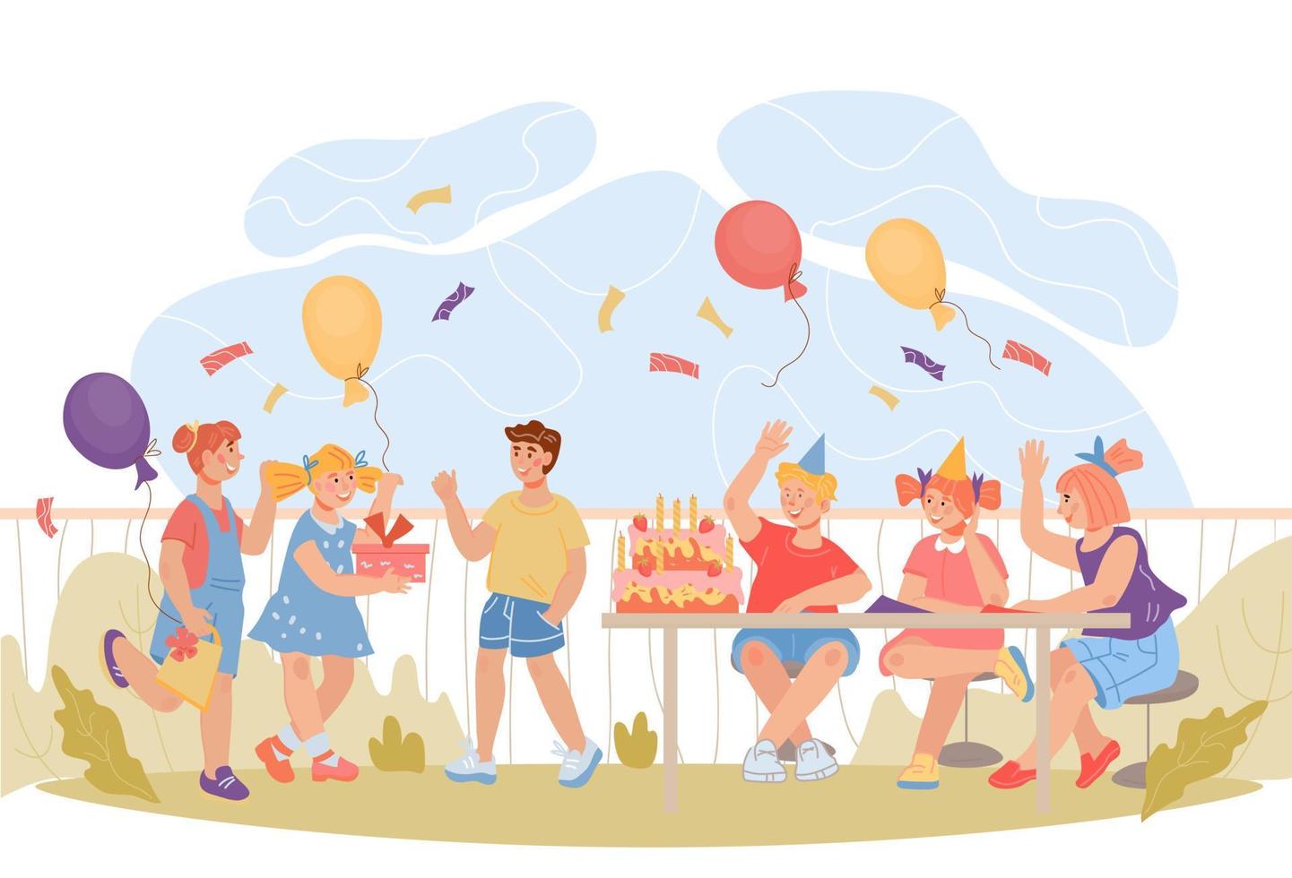 verano niños cumpleaños patio interior fiesta escena con dibujos animados caracteres de contento niños.suburbio barrio articulación cumpleaños celebracion y niños fiesta, plano vector ilustración aislado.