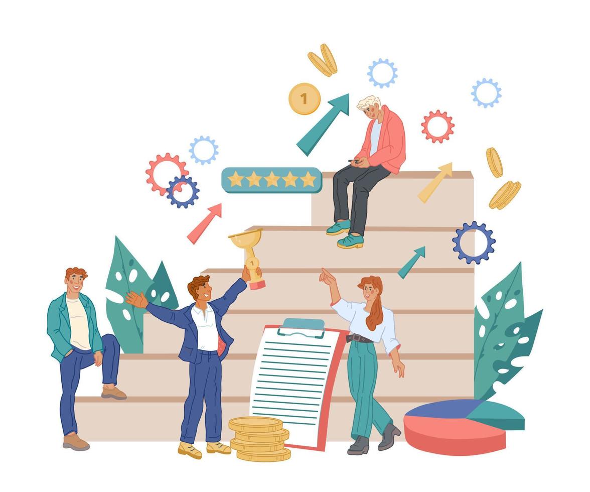 Business concept of leadership and successful effective teamwork with people on symbolic career ladder. Business people taking part in business meeting and brainstorming, flat vector illustration.