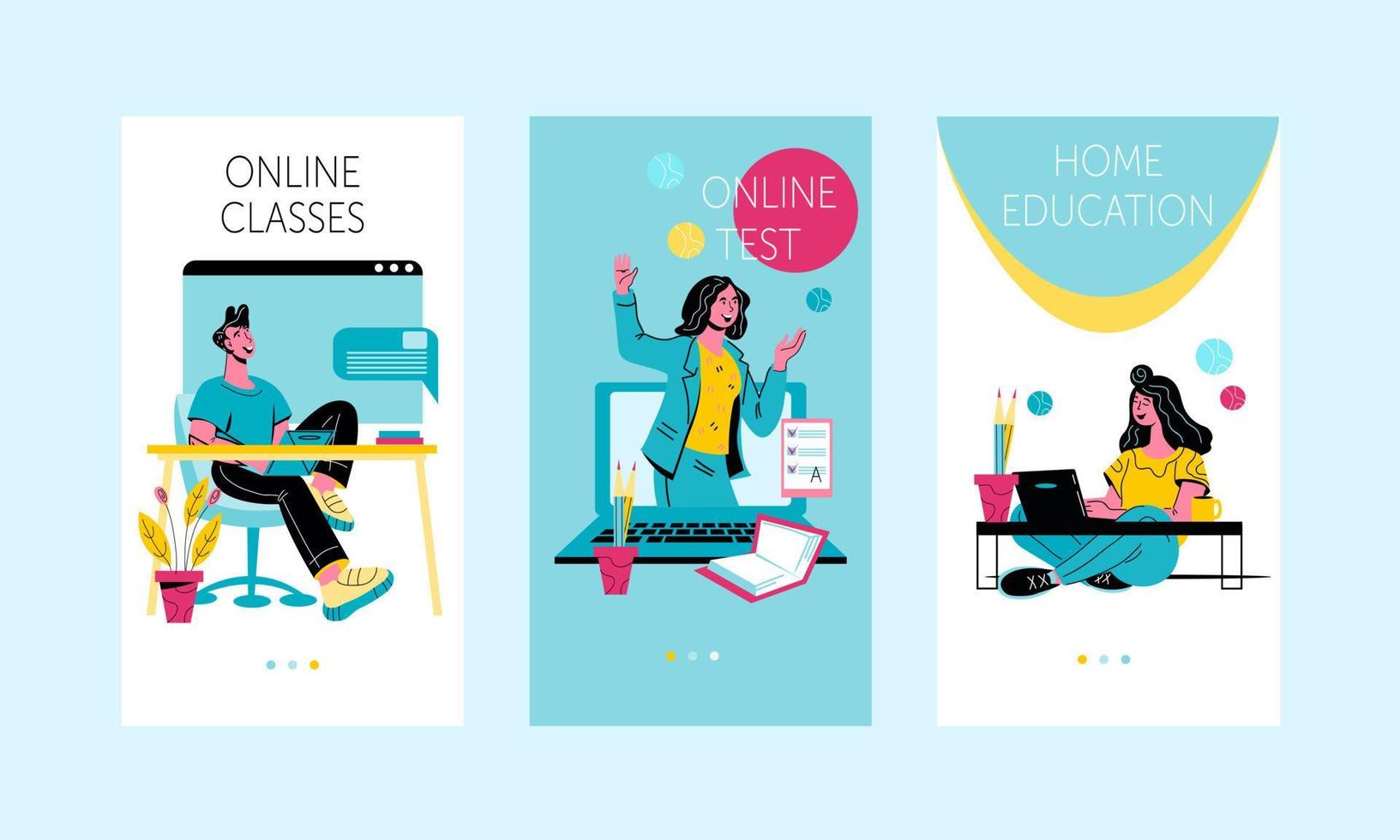 Mobile app onboarding screens set for online education and distance courses. Distance learning and e-learning. Vector banner illustration template for website and mobile application.