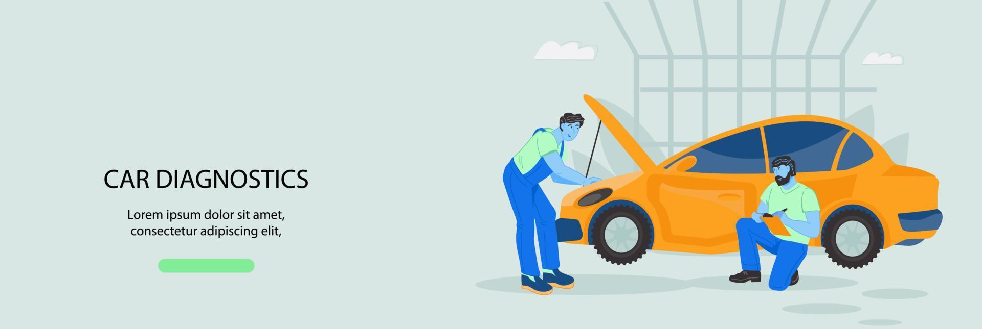 Mechanics repair car engines and diagnose the condition of cars, flat vector illustration. Web banner or flyer for car maintenance service, automobile workshop.