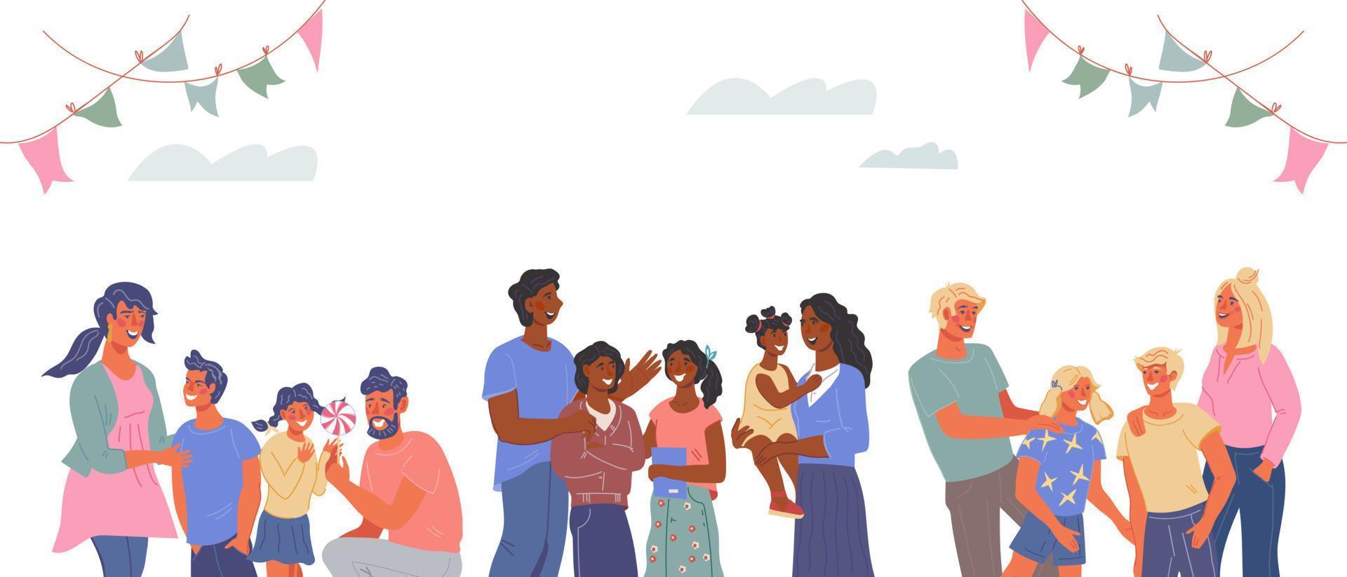 bandera con contento multirracial familias con niños, plano vector ilustración. internacional familia día y personas diversidad concepto. multi étnico familia de padres y niños.