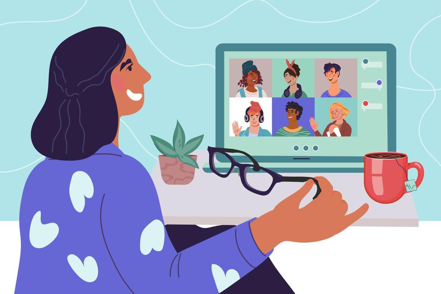 Video conference or distance training concept. Webinar and online education topic banner with woman communicating with colleagues, taking part in video connection session, flat vector illustration.