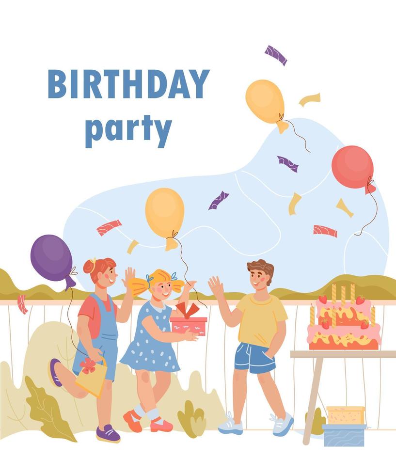 Children Birthday party banner or poster template with cartoon kids, flat vector illustration. Invitation layout to summer backyard Birthday party for children.