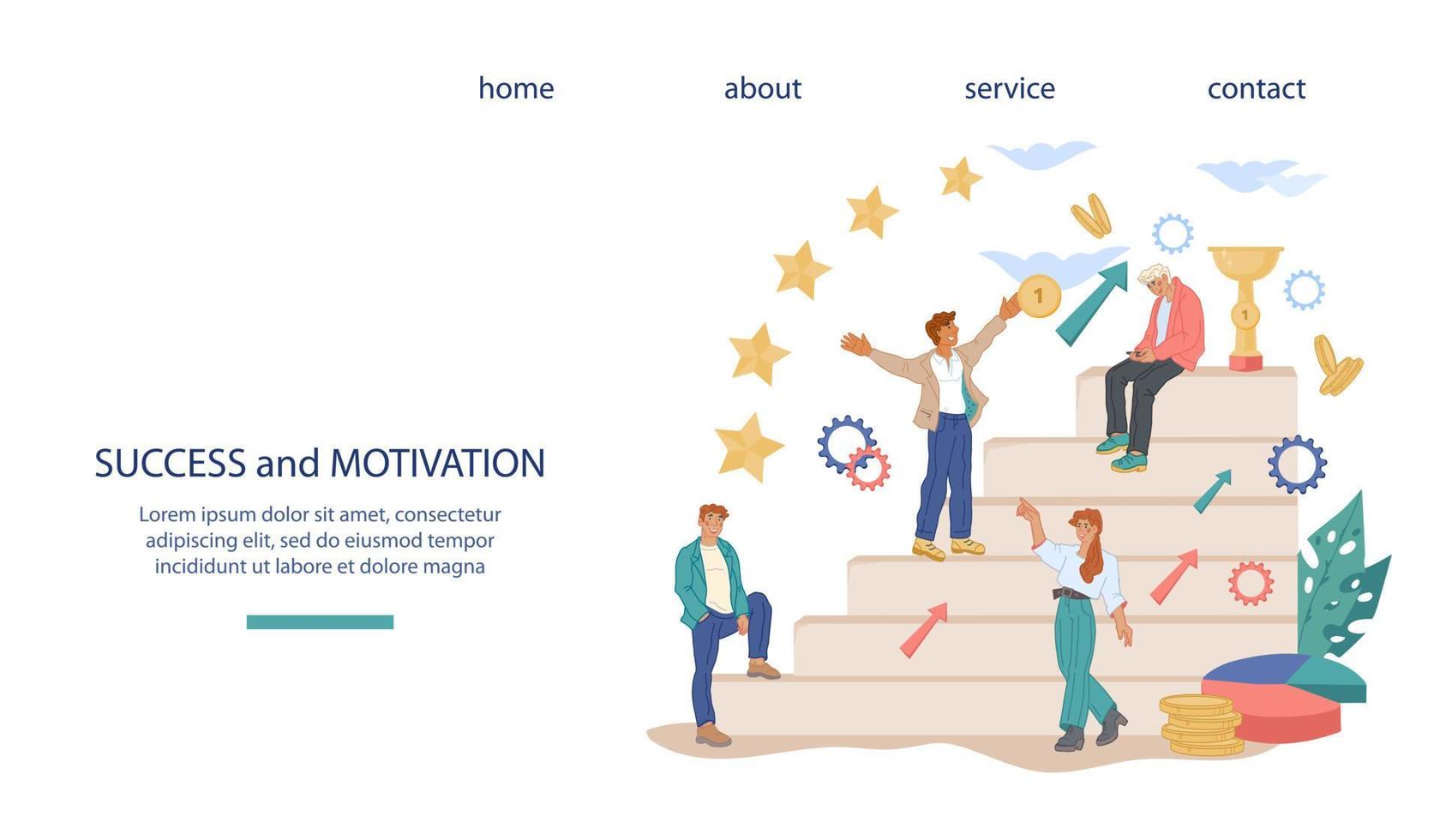 Success and motivation in career and personal targets achievement website banner for business concept. Business people building career in company and team relations, flat vector illustration.