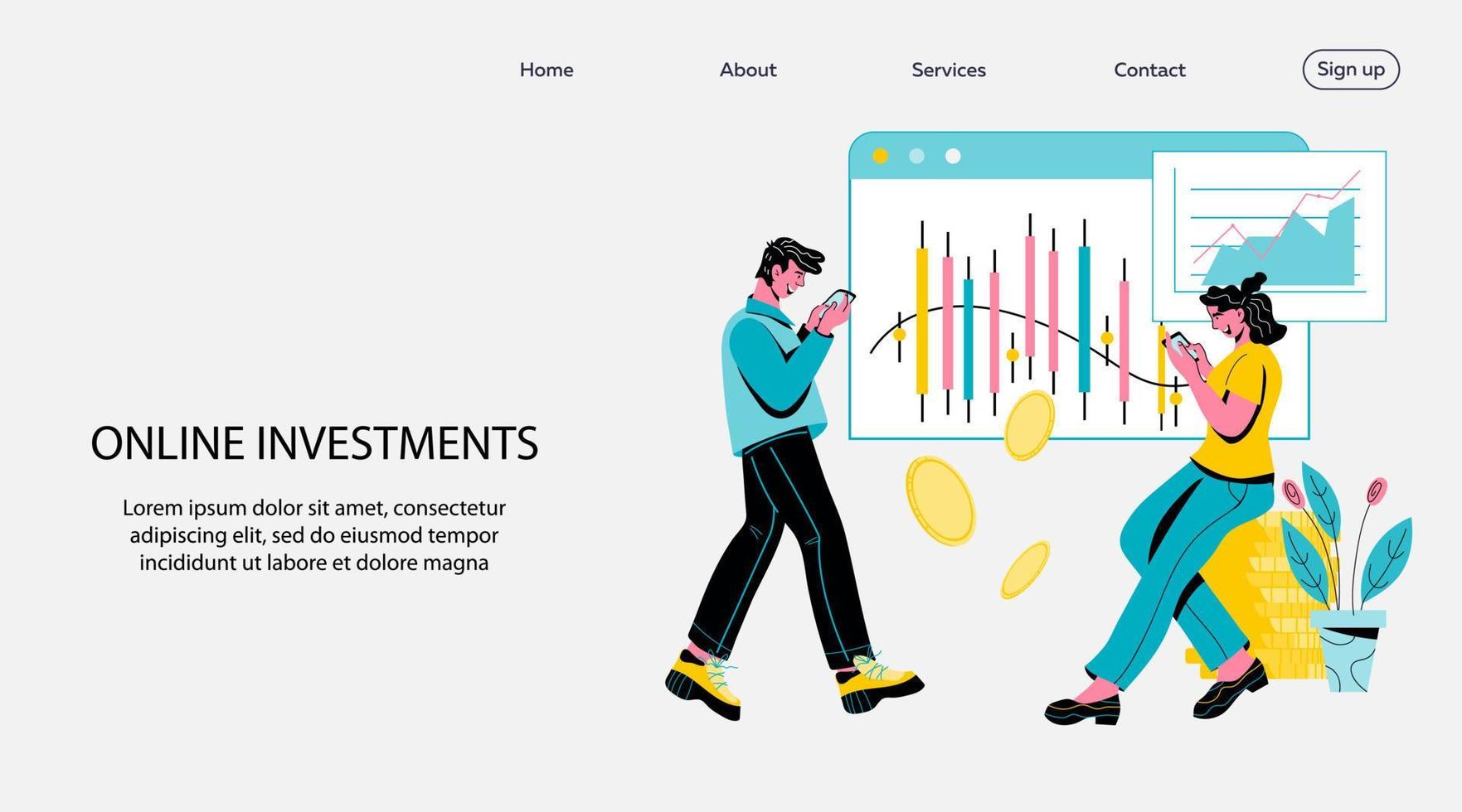 Online investments website or landing page mockup with people investing money in stock using smartphone and getting income. Internet online service for money investing, cartoon vector illustration.