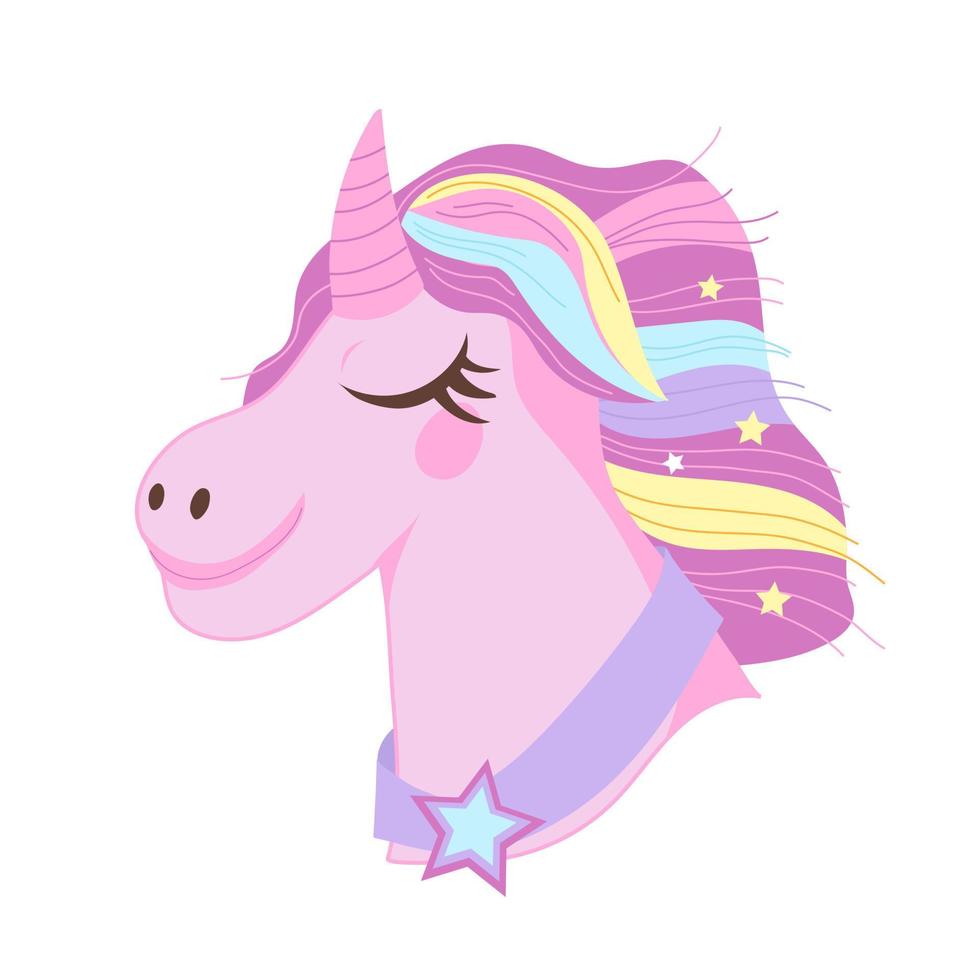 unicornio con arco iris pelo dibujos animados color icono, plano vector ilustración aislado en blanco. cabeza de unicornio fantasía caballo para pegatinas o niños ropa huellas dactilares.