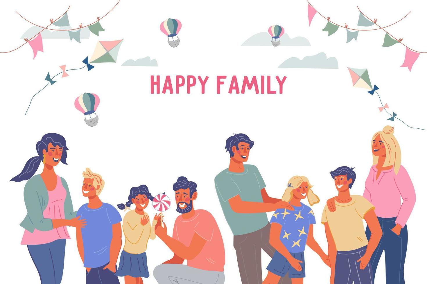 adofeliz familia web bandera modelo con grupo de padres y niños, plano vector ilustración. bandera o póster para familia día y entretenimiento para adultos y niños.ser ilustrador obra de arte