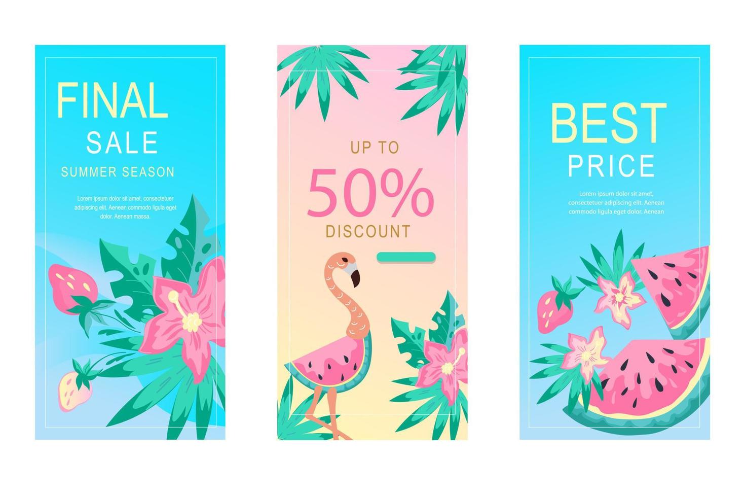 Summer sale story posters set for social media with flowers, flamingo and strawberry. Tropical summer design for seasonal sale background for media blog or internet shop, flat vector illustration.