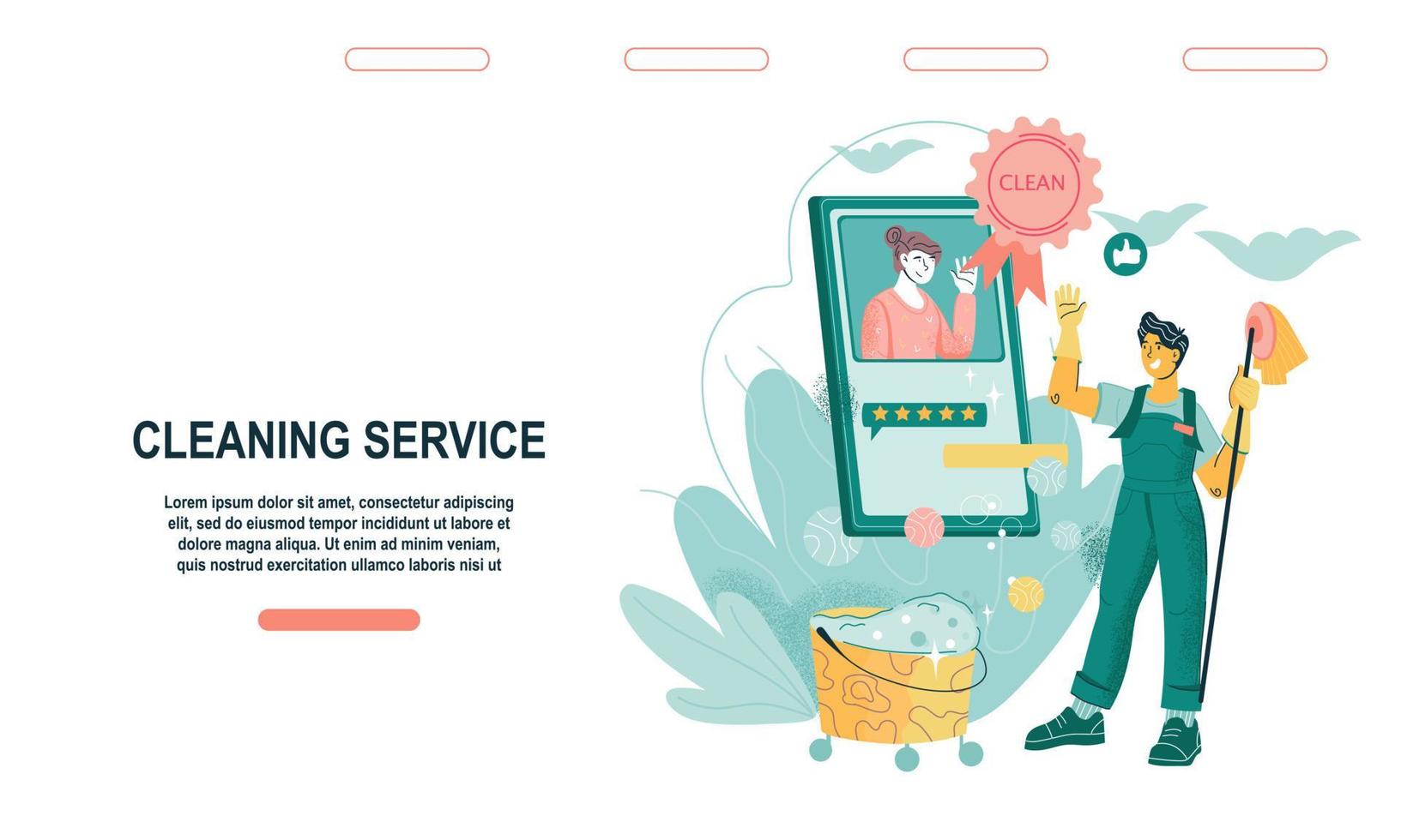 Cleaning company website template with satisfied client giving positive feedback to cleaner for his service. Landing page mockup with cleaning company worker, flat cartoon vector illustration.