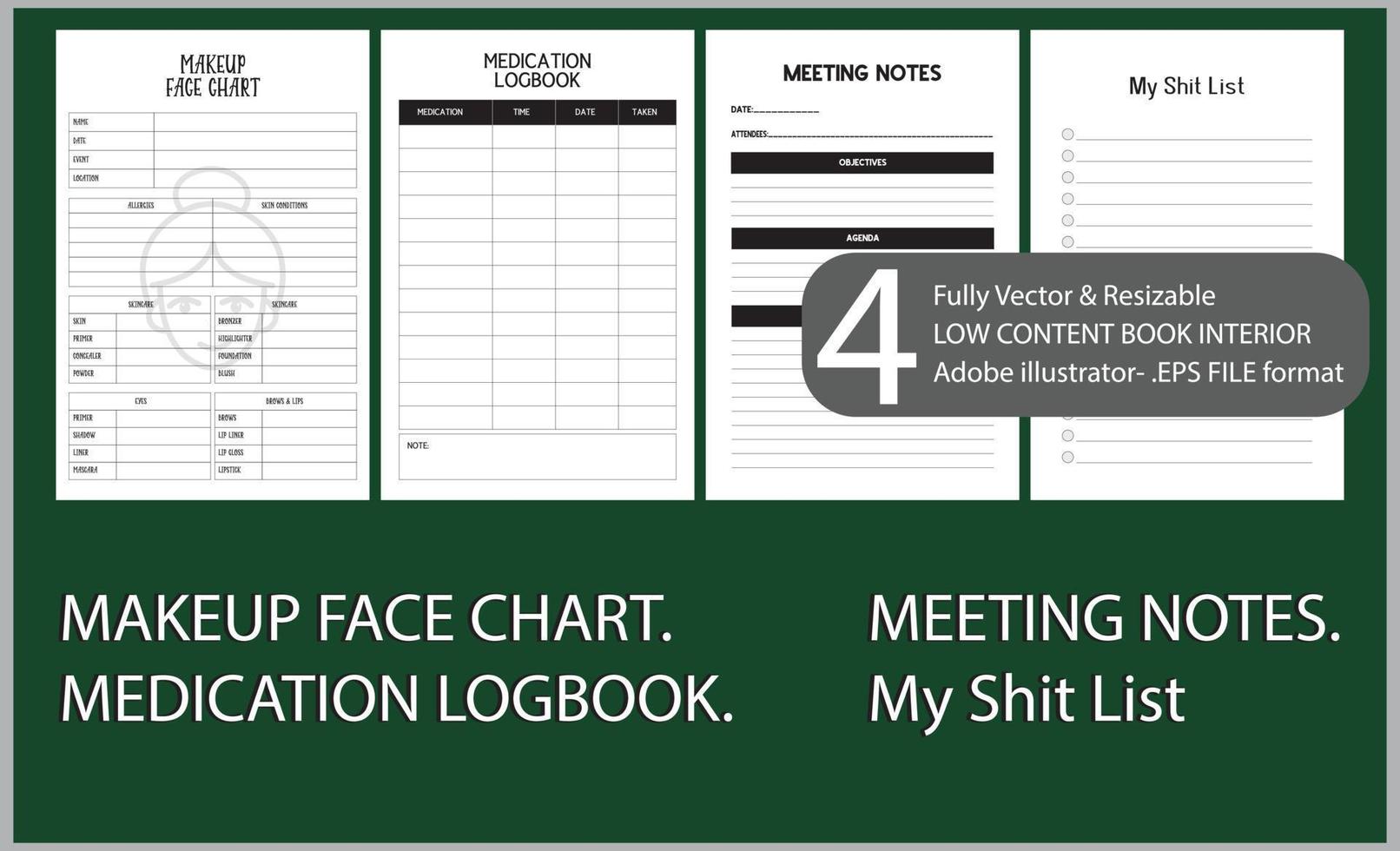 MAKEUP FACE CHART.  MEDICATION LOGBOOK. MEETING NOTES. My Shit List vector