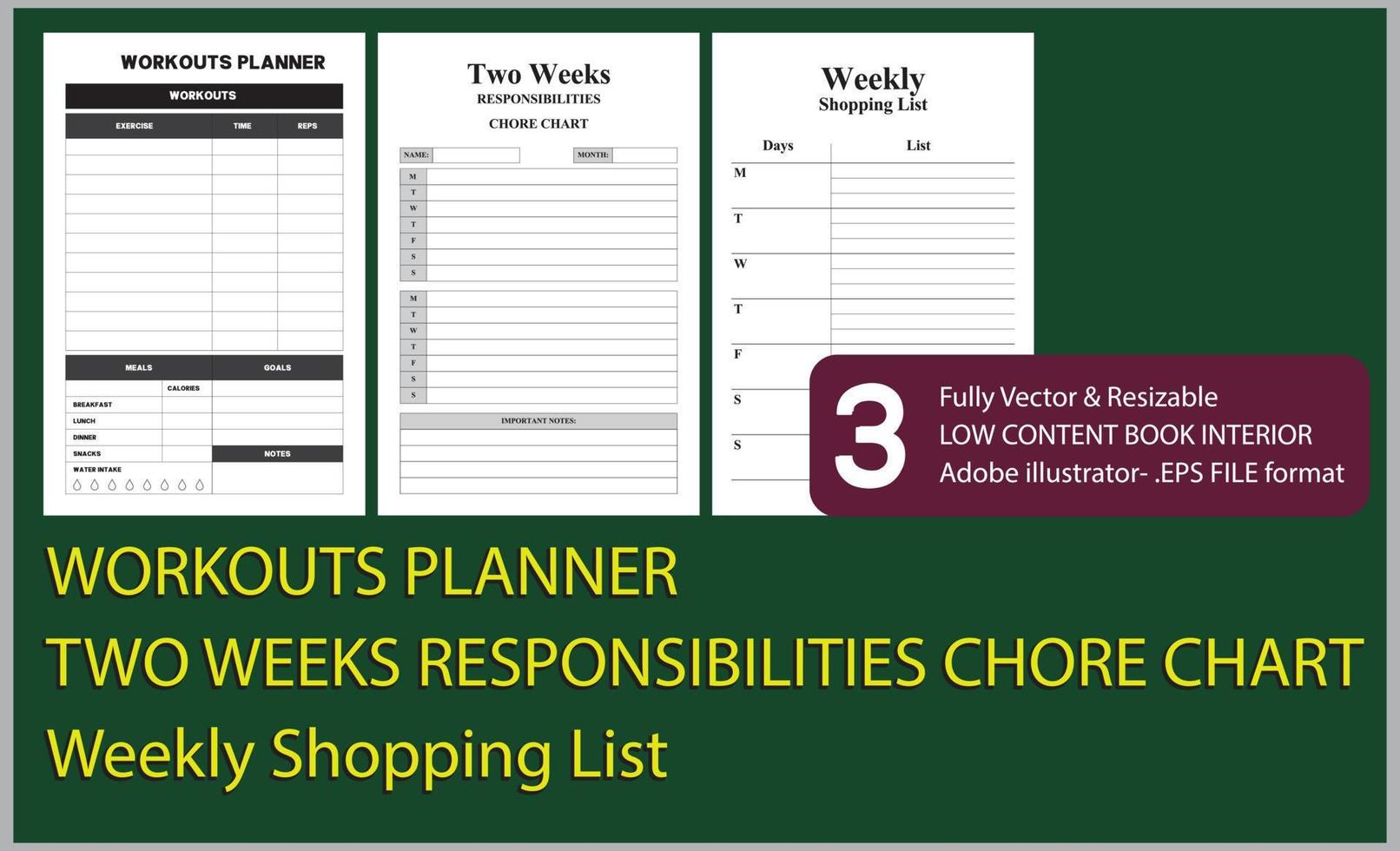 WORKOUTS PLANNER TWO WEEKS RESPONSIBILITIES CHORE CHART Weekly Shopping List vector