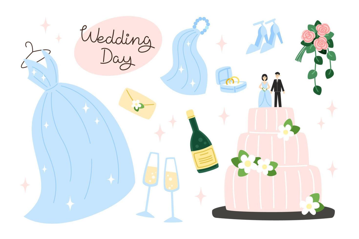 Set of elements for the wedding day, flat style illustration vector