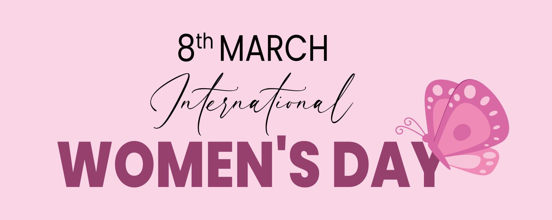 Women's day banner for product demonstration. Pink butterfly with number 8 and hearts on pink background. vector