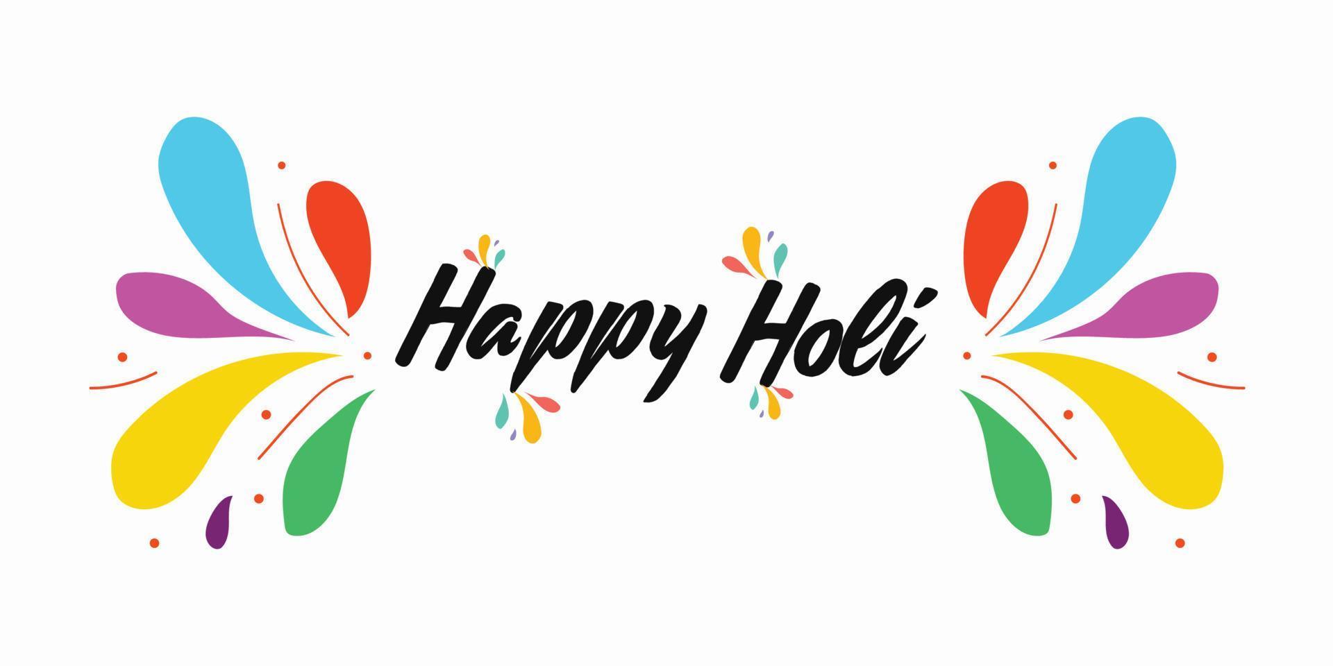 Happy Holi card with color splashes and pichkari . Phagwa festival paints color confetti tinsel sequin design.. Vector illustration.