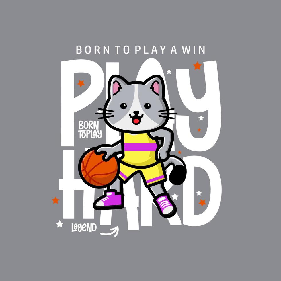 contento linda gato jugando baloncesto camiseta diseño vector