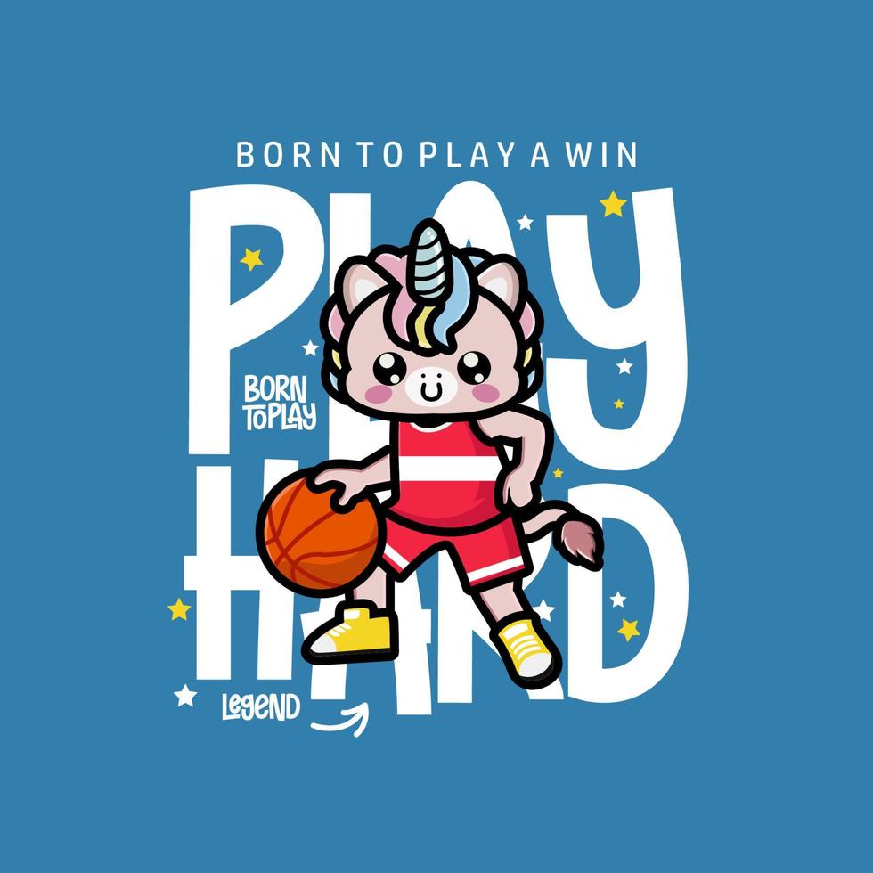 Happy cute unicorn playing basketball t-shirt Design vector