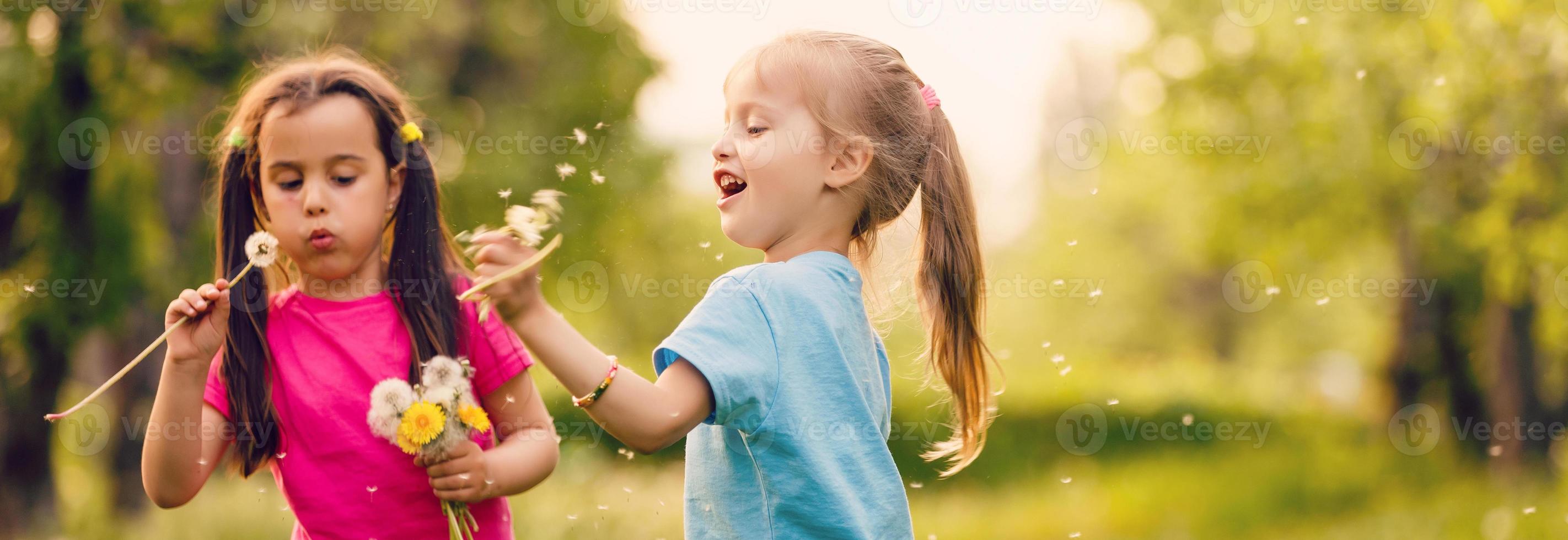 Two happy little sisters on the field with dandelions photo