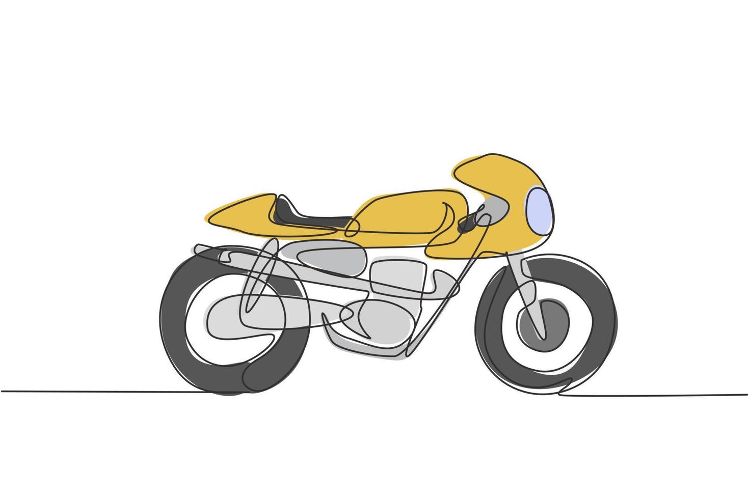One single line drawing of old retro vintage motorcycle. Vintage motorbike transportation concept continuous line draw design graphic vector illustration
